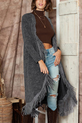 Langer Cardigan mit Mineralwaschung und offener Vorderseite und Quasten